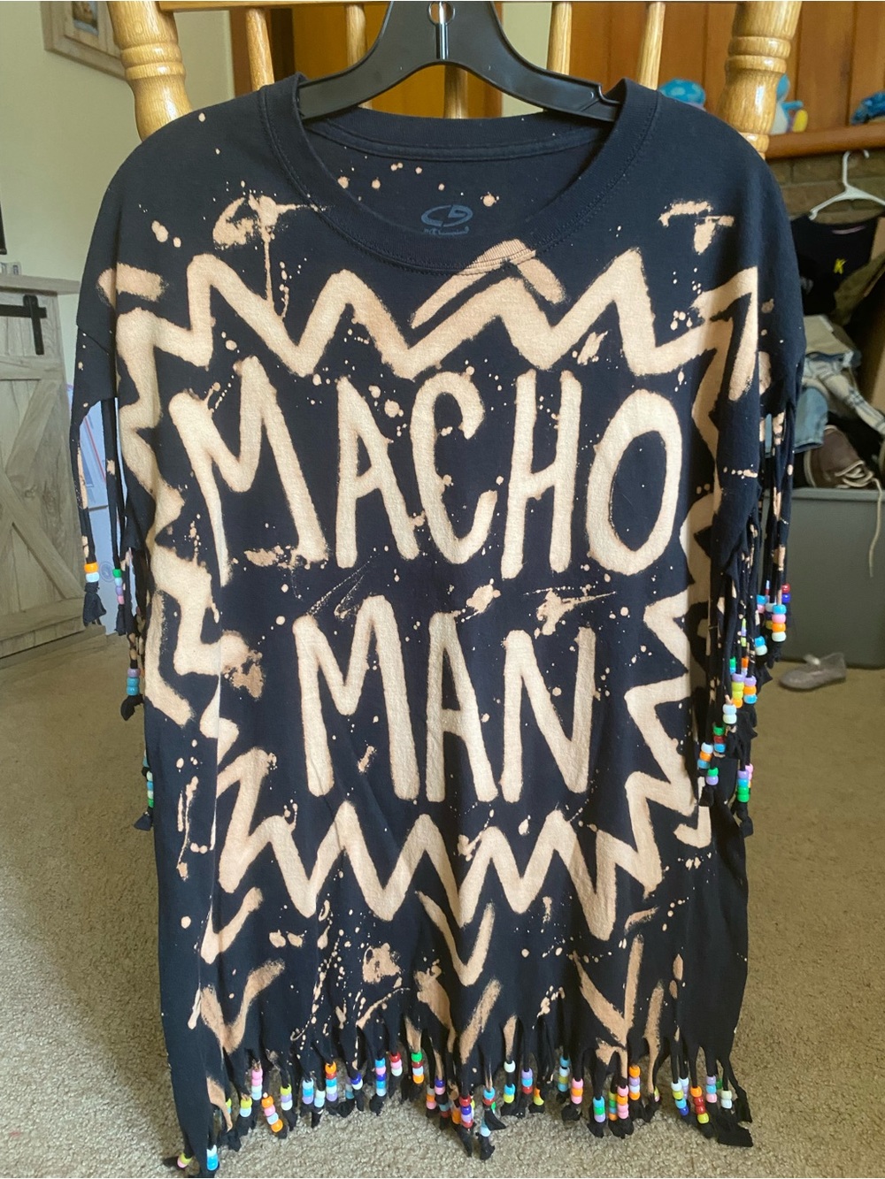 Champion Custom Bleach Dye Macho Man Fringe Beaded Graphic T-Shirt XL